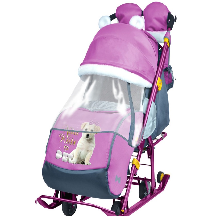 Санки-коляска детские "Ника Детям 7-2" орхидея (сиреневый) рис."щенок" плоск.полозья/колеса НД7-2 *1