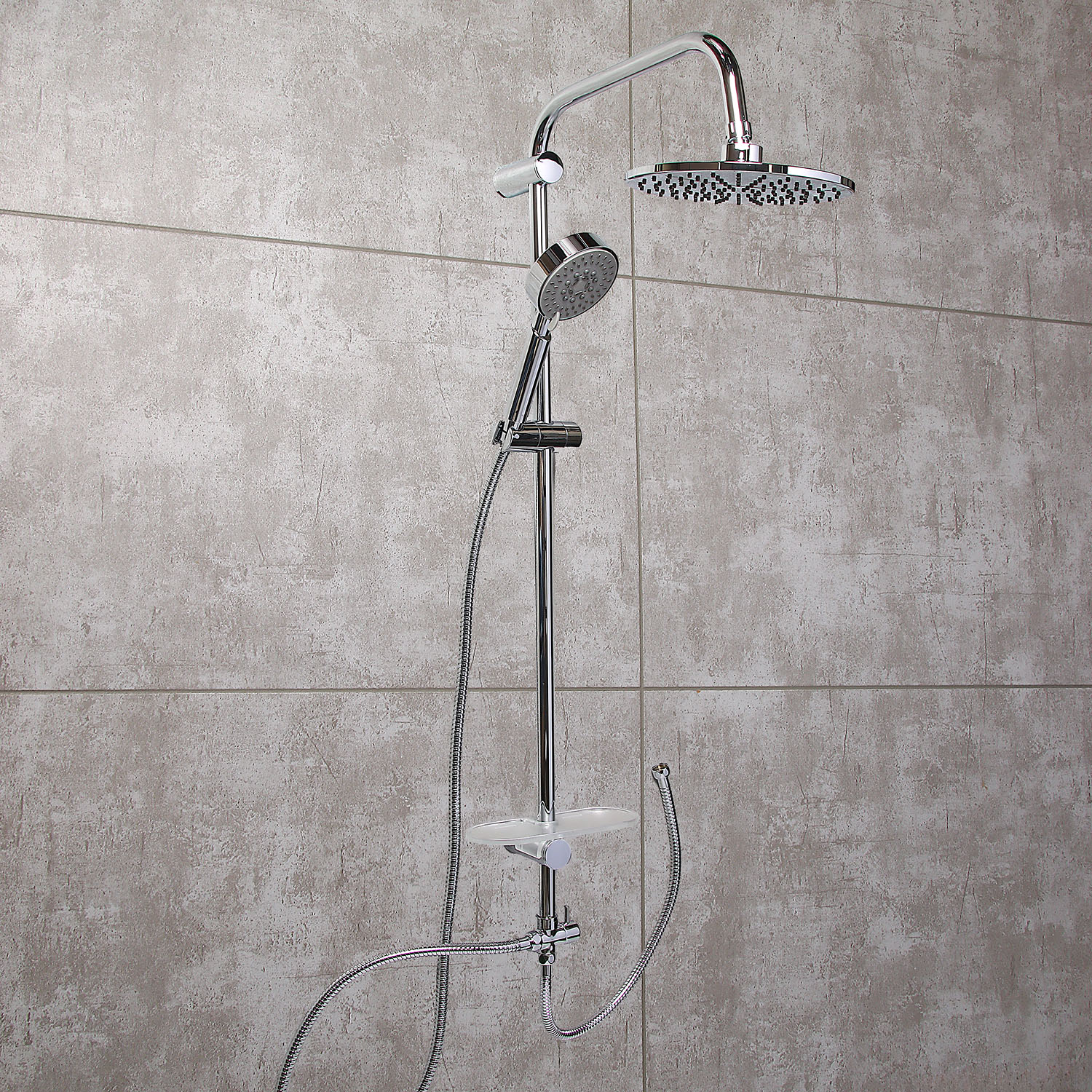 Стойка для душа GROSS AQUA Moderna GA9015, 2 лейки, шланг, полка: купить в Сургуте по цене 7580 рублей/штука