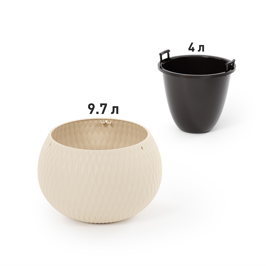 Кашпо пластм. подвесное "Жемчужина" 9,7л d 290мм h195мм, вставка 4л, металл.подвес Беж. М8723 *1/4 Кашпо пластм. подвесное "Жемчужина" 9,7л d 290мм h195мм, вставка 4л, металл.подвес Беж. М8723 *1/4