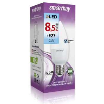 Лампа светодиодная 8,5W Е27 свеча 6,5К холодный С37 Smartbuy *1/10/100