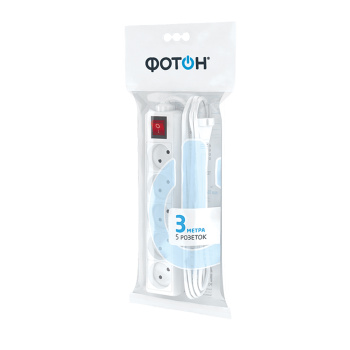 Удлинитель 5 розеток 3м б/з выкл ПВС 2*0,75 10А мощ.нагр 2*0,75мм2 10-35S Фотон 21118 *1/20