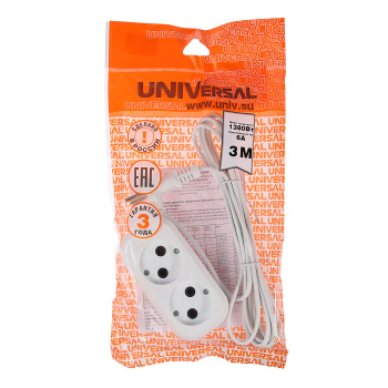Удлинитель 2 розетки 3м б/з ШВВП 2*0,75мм2 6А мощ.нагр 1300Вт Универсал У6-011 *1/60