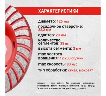Чашка алмазная шлифовальная 125*22,20мм бетон/камень/кирпич Turbo арт.592036 VIRA *1/20/40